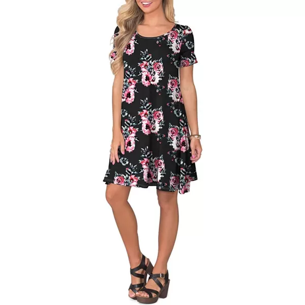 FZ FANTASTIC ZONE Womens Casual Summer T Shirt Dresses Short Sleeve Swing Dress with PocketsFloral Black