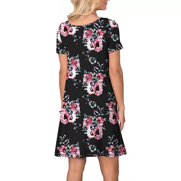 FZ FANTASTIC ZONE Womens Casual Summer T Shirt Dresses Short Sleeve Swing Dress with PocketsFloral Black