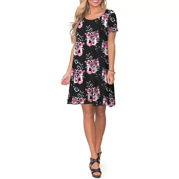 FZ FANTASTIC ZONE Womens Casual Summer T Shirt Dresses Short Sleeve Swing Dress with PocketsFloral Black