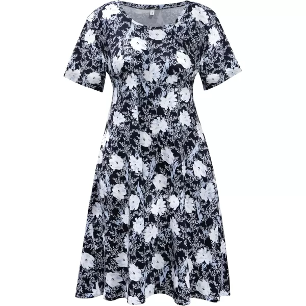 FZ FANTASTIC ZONE Womens Casual Summer T Shirt Dresses Short Sleeve Swing Dress with PocketsFloral Black Blue