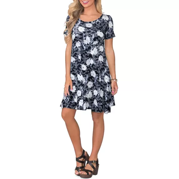 FZ FANTASTIC ZONE Womens Casual Summer T Shirt Dresses Short Sleeve Swing Dress with PocketsFloral Black Blue
