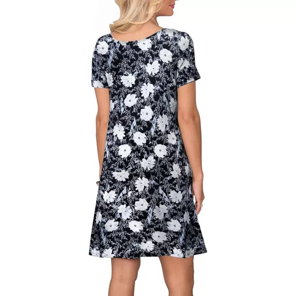 FZ FANTASTIC ZONE Womens Casual Summer T Shirt Dresses Short Sleeve Swing Dress with PocketsFloral Black Blue