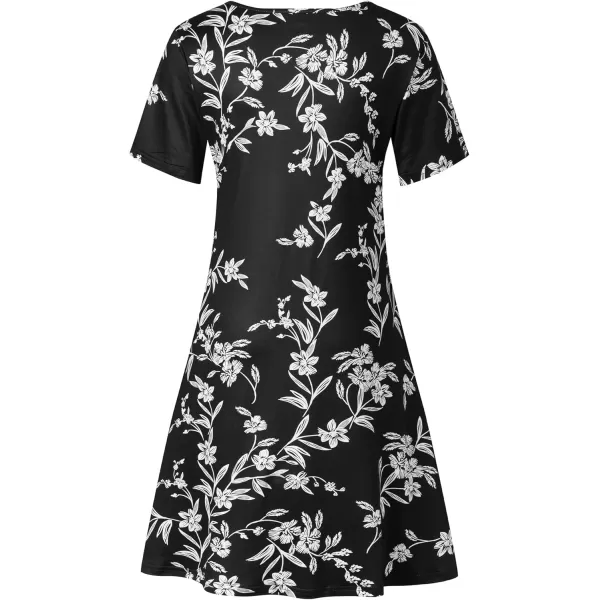 FZ FANTASTIC ZONE Womens Casual Summer T Shirt Dresses Short Sleeve Swing Dress with PocketsFloral Black White