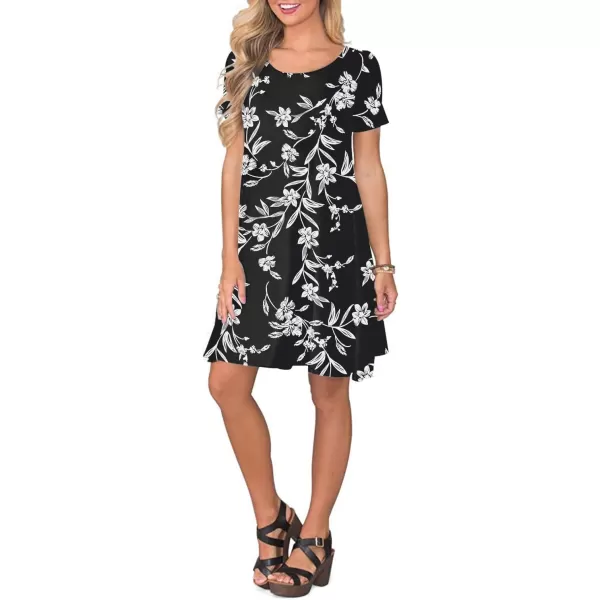 FZ FANTASTIC ZONE Womens Casual Summer T Shirt Dresses Short Sleeve Swing Dress with PocketsFloral Black White