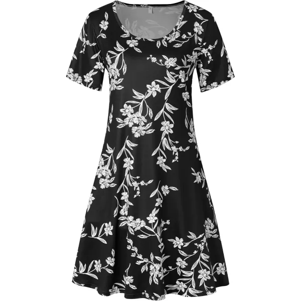 FZ FANTASTIC ZONE Womens Casual Summer T Shirt Dresses Short Sleeve Swing Dress with PocketsFloral Black White