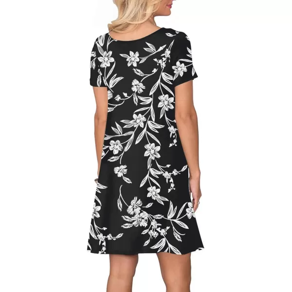 FZ FANTASTIC ZONE Womens Casual Summer T Shirt Dresses Short Sleeve Swing Dress with PocketsFloral Black White