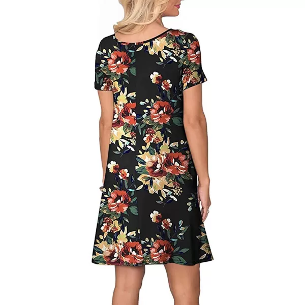 FZ FANTASTIC ZONE Womens Casual Summer T Shirt Dresses Short Sleeve Swing Dress with PocketsFloral Black Yellow