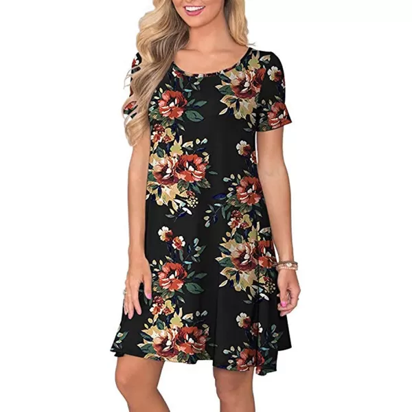 FZ FANTASTIC ZONE Womens Casual Summer T Shirt Dresses Short Sleeve Swing Dress with PocketsFloral Black Yellow