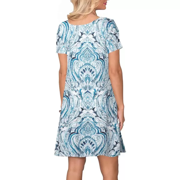 FZ FANTASTIC ZONE Womens Casual Summer T Shirt Dresses Short Sleeve Swing Dress with PocketsFloral Boho Blue