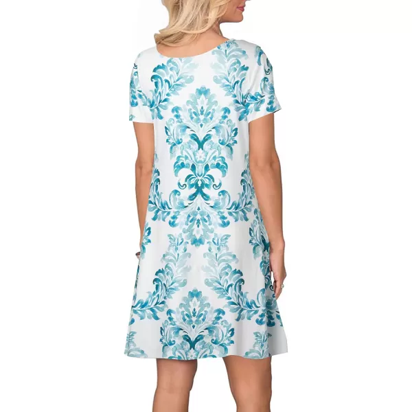 FZ FANTASTIC ZONE Womens Casual Summer T Shirt Dresses Short Sleeve Swing Dress with PocketsFloral Boho Lake Green
