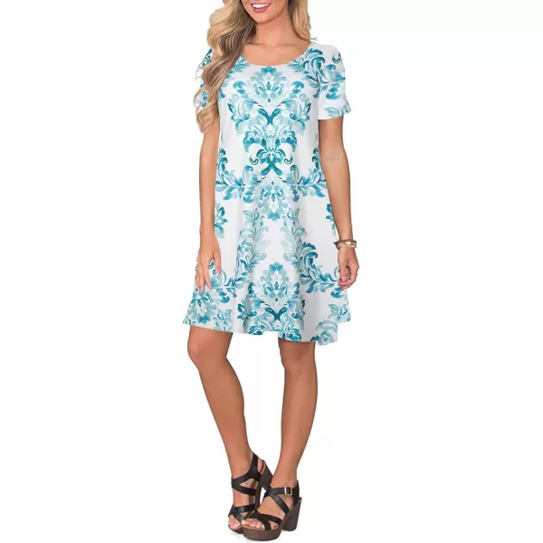 FZ FANTASTIC ZONE Womens Casual Summer T Shirt Dresses Short Sleeve Swing Dress with PocketsFloral Boho Lake Green