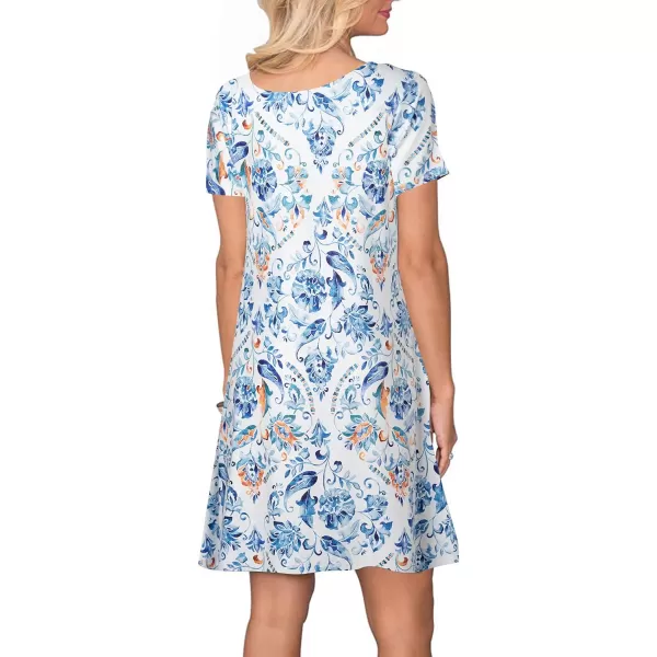 FZ FANTASTIC ZONE Womens Casual Summer T Shirt Dresses Short Sleeve Swing Dress with PocketsFloral Branches Blue