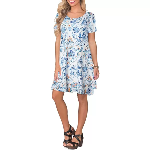 FZ FANTASTIC ZONE Womens Casual Summer T Shirt Dresses Short Sleeve Swing Dress with PocketsFloral Branches Blue