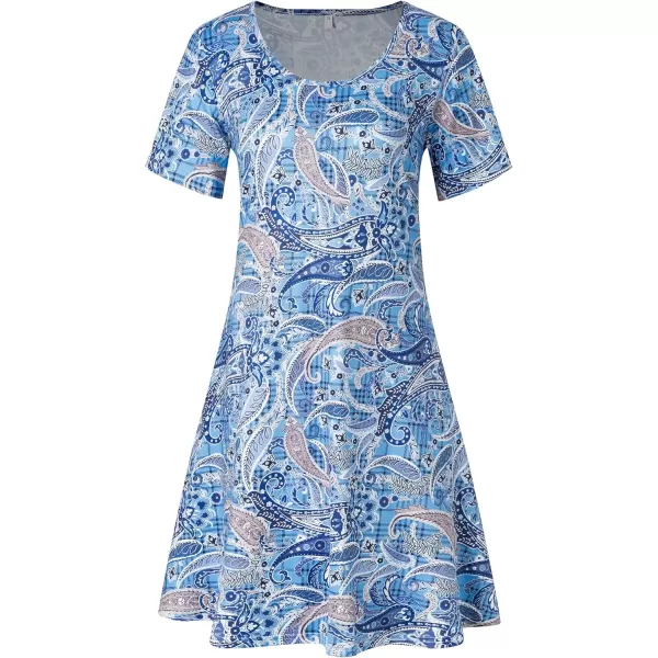 FZ FANTASTIC ZONE Womens Casual Summer T Shirt Dresses Short Sleeve Swing Dress with PocketsFloral Cashew Blue