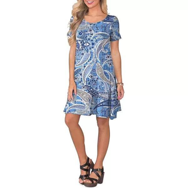 FZ FANTASTIC ZONE Womens Casual Summer T Shirt Dresses Short Sleeve Swing Dress with PocketsFloral Cashew Blue