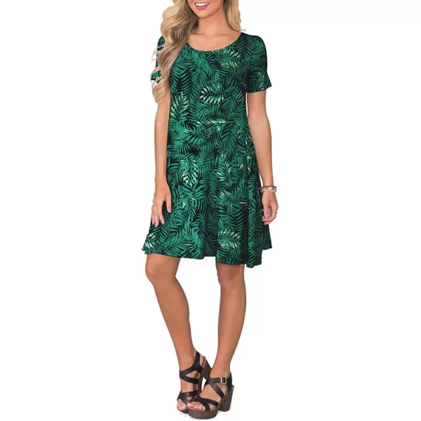 FZ FANTASTIC ZONE Womens Casual Summer T Shirt Dresses Short Sleeve Swing Dress with PocketsFloral Green Leaf