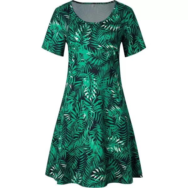 FZ FANTASTIC ZONE Womens Casual Summer T Shirt Dresses Short Sleeve Swing Dress with PocketsFloral Green Leaf