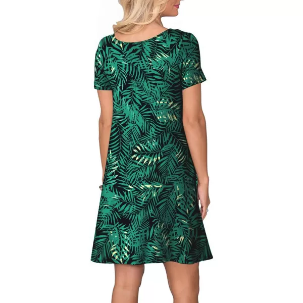 FZ FANTASTIC ZONE Womens Casual Summer T Shirt Dresses Short Sleeve Swing Dress with PocketsFloral Green Leaf