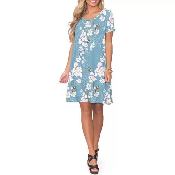 FZ FANTASTIC ZONE Womens Casual Summer T Shirt Dresses Short Sleeve Swing Dress with PocketsFloral Light Blue White