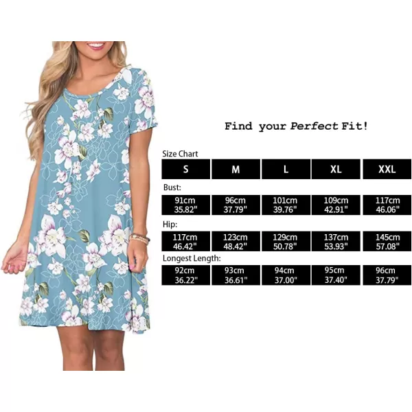 FZ FANTASTIC ZONE Womens Casual Summer T Shirt Dresses Short Sleeve Swing Dress with PocketsFloral Light Blue White