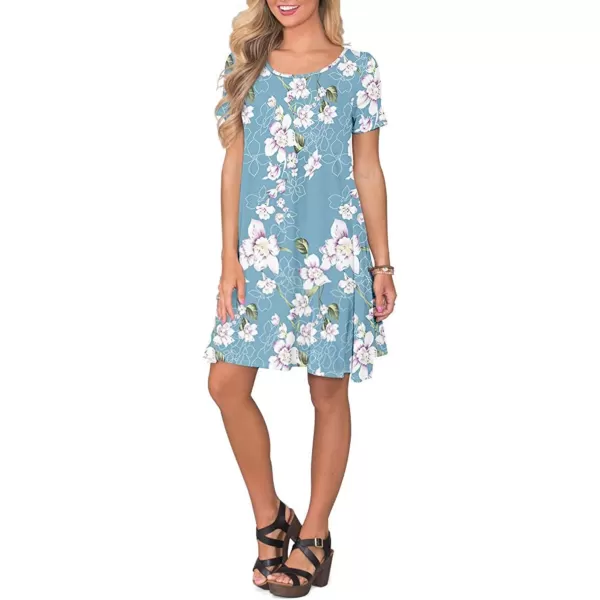 FZ FANTASTIC ZONE Womens Casual Summer T Shirt Dresses Short Sleeve Swing Dress with PocketsFloral Light Blue White