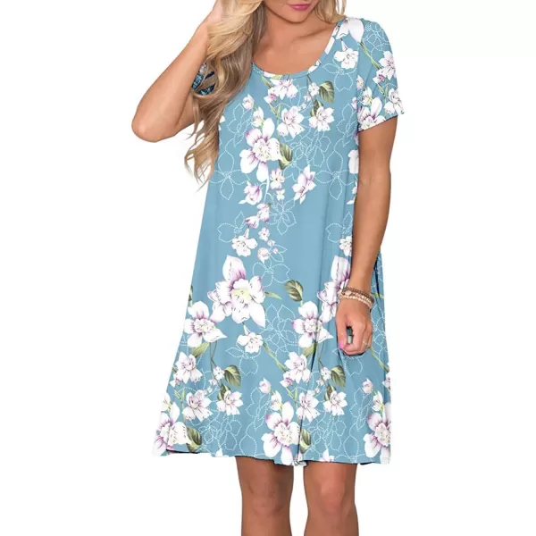 FZ FANTASTIC ZONE Womens Casual Summer T Shirt Dresses Short Sleeve Swing Dress with PocketsFloral Light Blue White