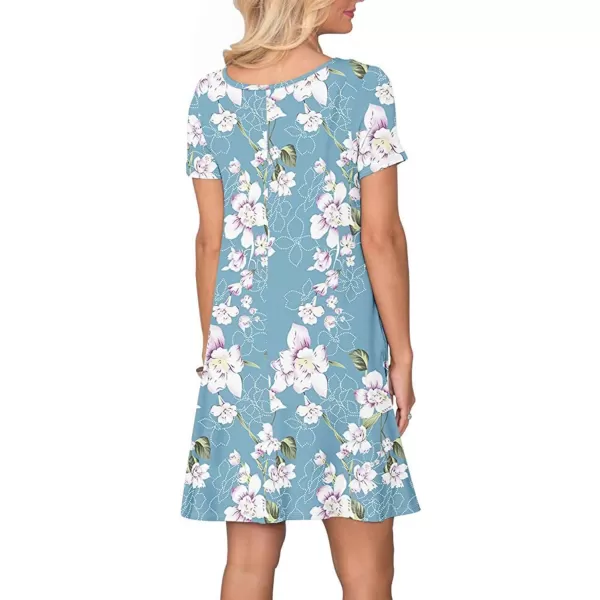 FZ FANTASTIC ZONE Womens Casual Summer T Shirt Dresses Short Sleeve Swing Dress with PocketsFloral Light Blue White