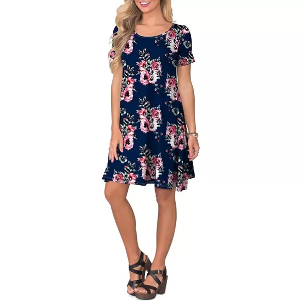 FZ FANTASTIC ZONE Womens Casual Summer T Shirt Dresses Short Sleeve Swing Dress with PocketsFloral Navy Blue Red