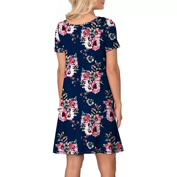 FZ FANTASTIC ZONE Womens Casual Summer T Shirt Dresses Short Sleeve Swing Dress with PocketsFloral Navy Blue Red