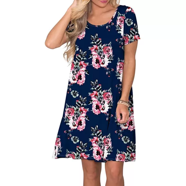 FZ FANTASTIC ZONE Womens Casual Summer T Shirt Dresses Short Sleeve Swing Dress with PocketsFloral Navy Blue Red