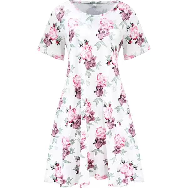 FZ FANTASTIC ZONE Womens Casual Summer T Shirt Dresses Short Sleeve Swing Dress with PocketsFloral White Red