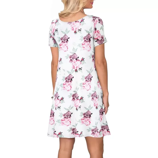 FZ FANTASTIC ZONE Womens Casual Summer T Shirt Dresses Short Sleeve Swing Dress with PocketsFloral White Red