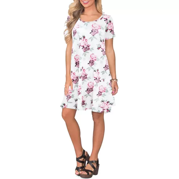 FZ FANTASTIC ZONE Womens Casual Summer T Shirt Dresses Short Sleeve Swing Dress with PocketsFloral White Red