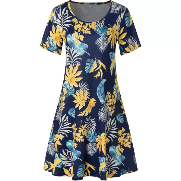 FZ FANTASTIC ZONE Womens Casual Summer T Shirt Dresses Short Sleeve Swing Dress with PocketsFloral Yellow Green Leaves