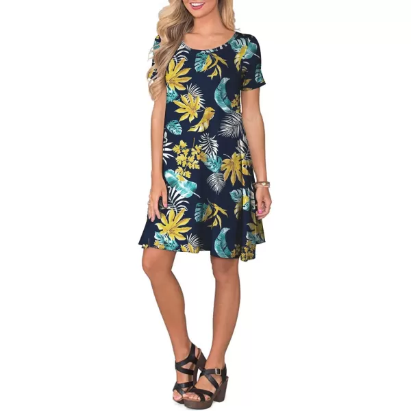 FZ FANTASTIC ZONE Womens Casual Summer T Shirt Dresses Short Sleeve Swing Dress with PocketsFloral Yellow Green Leaves