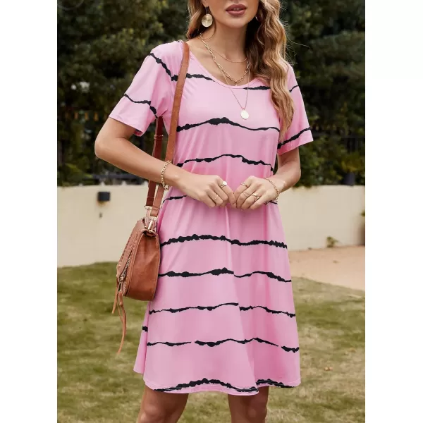FZ FANTASTIC ZONE Womens Casual Summer T Shirt Dresses Short Sleeve Swing Dress with PocketsStripe Pink