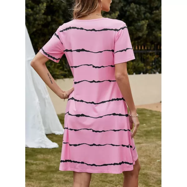 FZ FANTASTIC ZONE Womens Casual Summer T Shirt Dresses Short Sleeve Swing Dress with PocketsStripe Pink