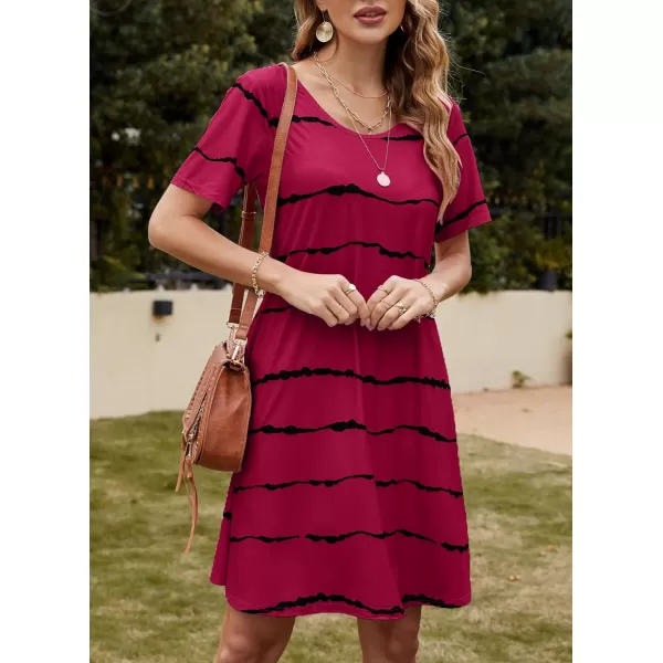 FZ FANTASTIC ZONE Womens Casual Summer T Shirt Dresses Short Sleeve Swing Dress with PocketsStripe Wine Red