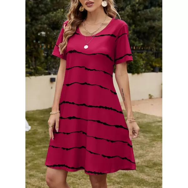 FZ FANTASTIC ZONE Womens Casual Summer T Shirt Dresses Short Sleeve Swing Dress with PocketsStripe Wine Red