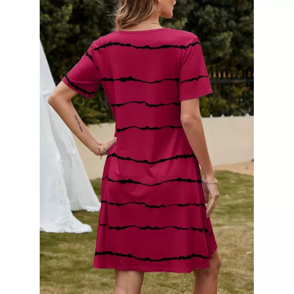 FZ FANTASTIC ZONE Womens Casual Summer T Shirt Dresses Short Sleeve Swing Dress with PocketsStripe Wine Red