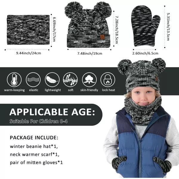 Kids Toddlers Winter Beanie Hats Gloves Neck Scarf Set Mittens Gifts for 0 6 12 Months 1 2 3 48 Year Old Baby Girls BoysA Black White