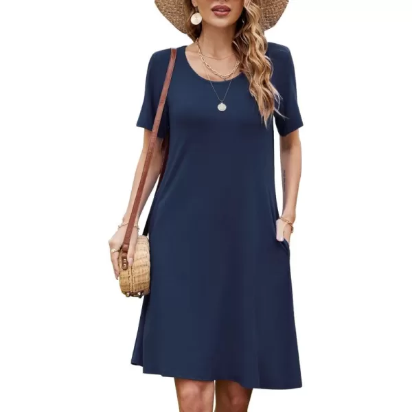 FZ FANTASTIC ZONE Womens Casual Summer T Shirt Dresses Short Sleeve Swing Dress with PocketsA Navy Blue