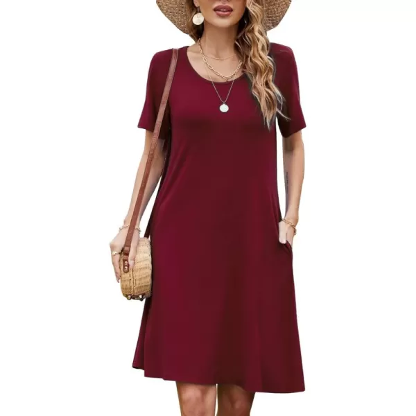 FZ FANTASTIC ZONE Womens Casual Summer T Shirt Dresses Short Sleeve Swing Dress with PocketsA Wine Red
