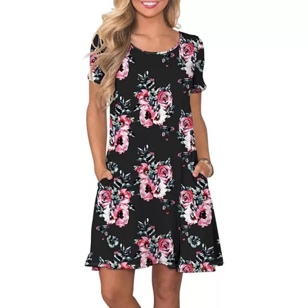 FZ FANTASTIC ZONE Womens Casual Summer T Shirt Dresses Short Sleeve Swing Dress with PocketsFloral Black