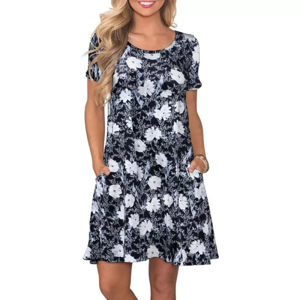 FZ FANTASTIC ZONE Womens Casual Summer T Shirt Dresses Short Sleeve Swing Dress with PocketsFloral Black Blue