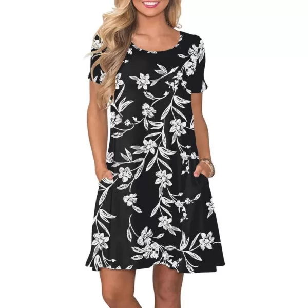 FZ FANTASTIC ZONE Womens Casual Summer T Shirt Dresses Short Sleeve Swing Dress with PocketsFloral Black White