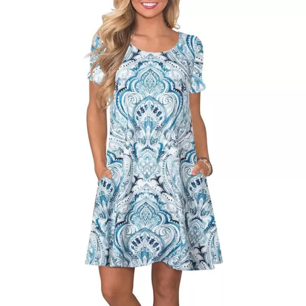 FZ FANTASTIC ZONE Womens Casual Summer T Shirt Dresses Short Sleeve Swing Dress with PocketsFloral Boho Blue