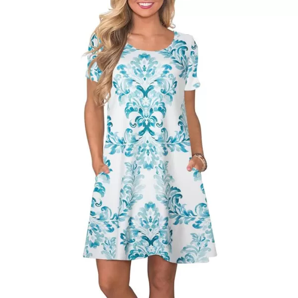 FZ FANTASTIC ZONE Womens Casual Summer T Shirt Dresses Short Sleeve Swing Dress with PocketsFloral Boho Lake Green
