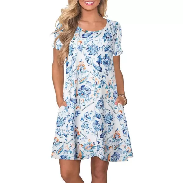 FZ FANTASTIC ZONE Womens Casual Summer T Shirt Dresses Short Sleeve Swing Dress with PocketsFloral Branches Blue