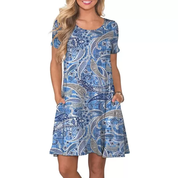 FZ FANTASTIC ZONE Womens Casual Summer T Shirt Dresses Short Sleeve Swing Dress with PocketsFloral Cashew Blue
